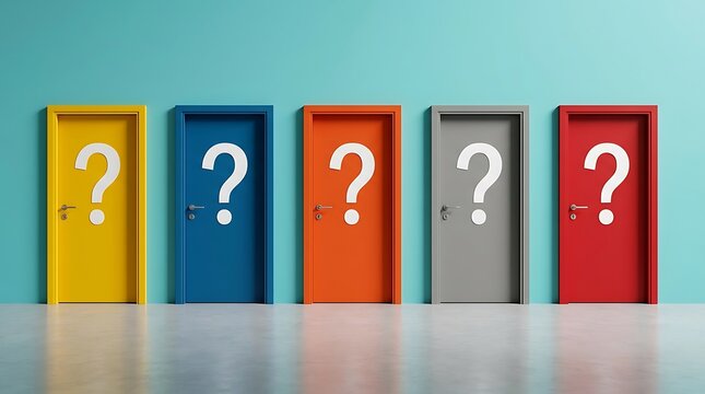 Deretan pintu warna-warni dengan tanda tanya besar simbol pilihan dan ketidakpastian dalam konsep keputusan bisnis dan peluang