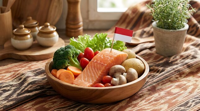 Salmon Segar dan Sayuran Bergizi Disajikan dengan Bendera Indonesia, Inspirasi Masakan Sehat Nusantara
