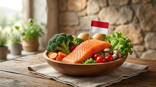 Sajian Segar Ikan Salmon dan Sayuran Bernutrisi dengan Bendera Indonesia di Mangkuk Kayu, Ideal untuk Konsep Makanan Sehat