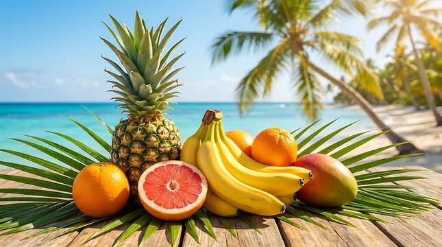 Aneka Buah Segar Tropis Disajikan Cantik di Pantai, Pas untuk Tema Liburan Musim Panas
