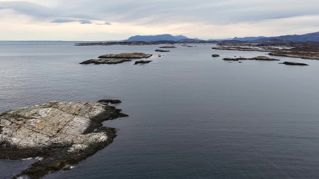 Aerial view of the reefs and islets of Hestskjaera in Avery, Norway.