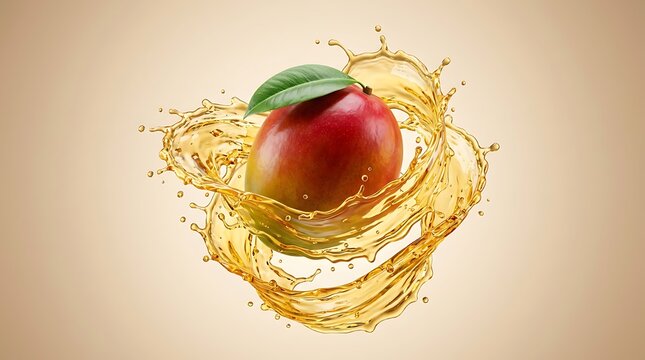 Mangga Segar dengan Percikan Cairan Emas Berputar Penuh Energi, Konsep Buah Tropis Manis