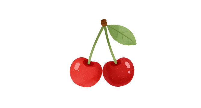 cartoon cherry illustration, two red cherries, ripe fruit with leaf, sweet cherry pair, cute fruit graphic, fresh juicy cherries, red berry cartoon, stem connected cherries, healthy fruit design, play