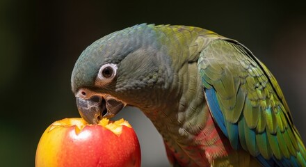 Obraz premium A green parrot eats a red apple in the forest.