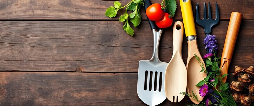 Complete gardening tool set on rustic wood background, overhead, landscaping