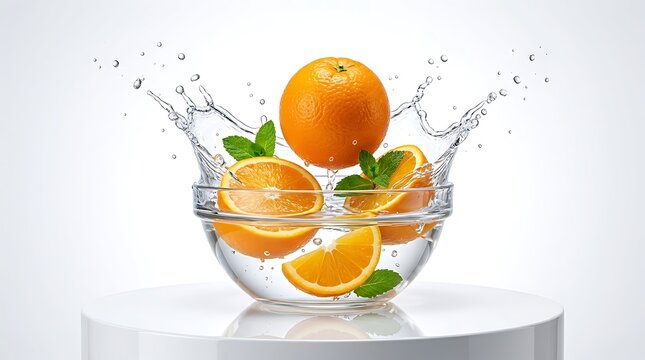 Jeruk Segar dan Daun Mint Terciprat Air dalam Mangkuk Kaca, Minuman Sehat