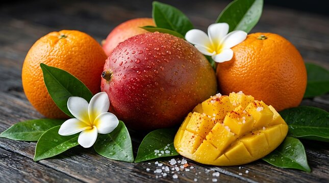 Buah Mangga Segar dan Jeruk Manis dengan Bunga Plumeria di Atas Meja Kayu Gelap, Suguhan Tropis yang Menyehatkan dan Lezat