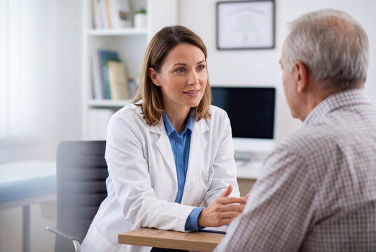 Female doctor talking with a senior male patient during a consultation in a clinic office