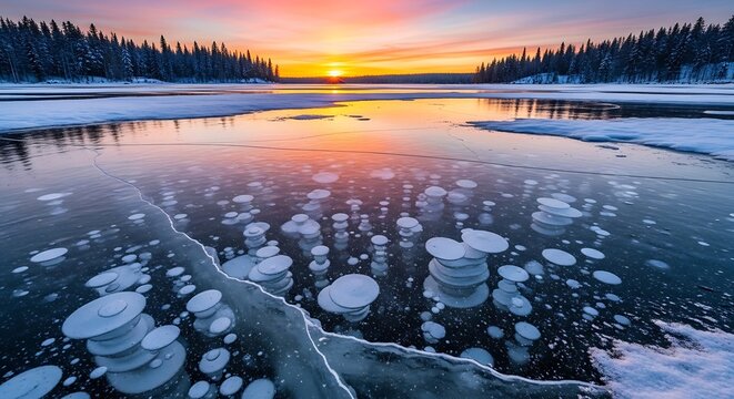 Stunning sunset over frozen lake with visible ice bubbles and reflections