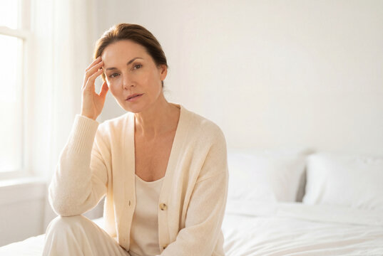 Thoughtful mature woman with a headache sitting on a bed at home