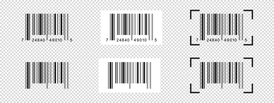 Collection of barcode stickers with scanning frames. Bar code examples isolated on transparent background. Visual data digital representation with product information. Vector graphic illustration