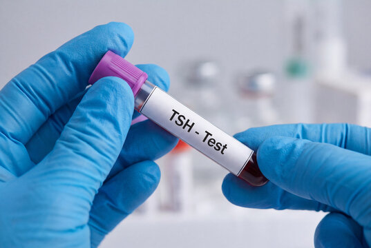 Doctor in blue gloves holding a blood sample for a TSH thyroid stimulating hormone test