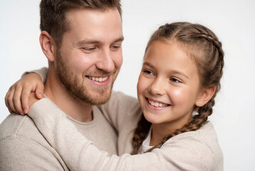 Fototapeta premium Happy father and daughter hugging on white background