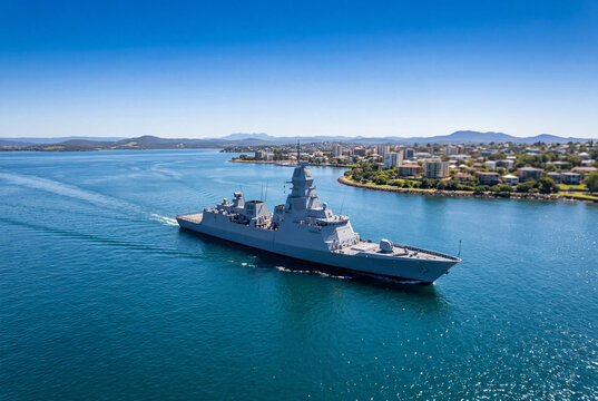 Modern gray guided missile destroyer ship sailing in a blue coastal bay
