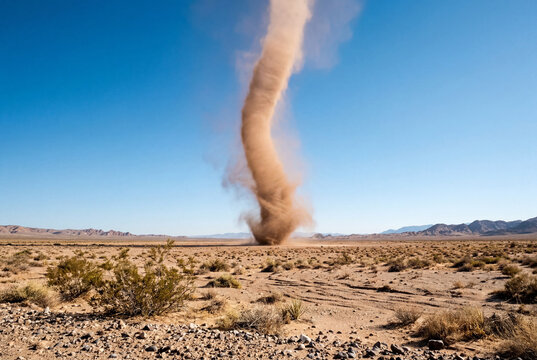 Large spinning dust devil forming in a dry arid desert landscape