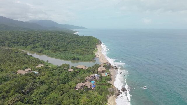 Aerial View of Tayrona National Park River and Coastline in Colombia