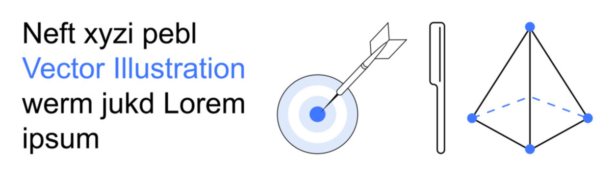 Business strategy, precision, geometry, education, abstract visual aids, data . Image of a target with an arrow, a geometric pyramid and a linear object. Business strategy and geometry