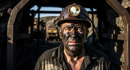 Fototapeta premium Portrait of Tired Coal Miner with Dirty Face and Helmet Working in Deep Underground Mine