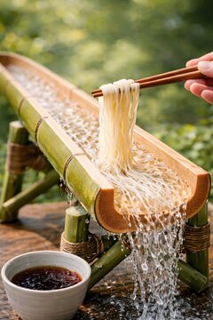 traditional japanese nagashi somen sliding noodles flowing through a bamboo flume in summer