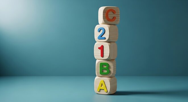 Stacked wooden blocks with letters and numbers against blue background