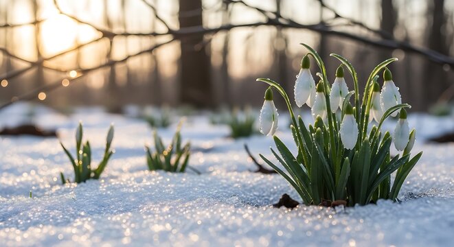 Snowdrop flowers blooming in winter snow with soft sunlight and blurred background