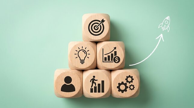 Wooden blocks stacked in a pyramid formation, each displaying icons related to business growth and success