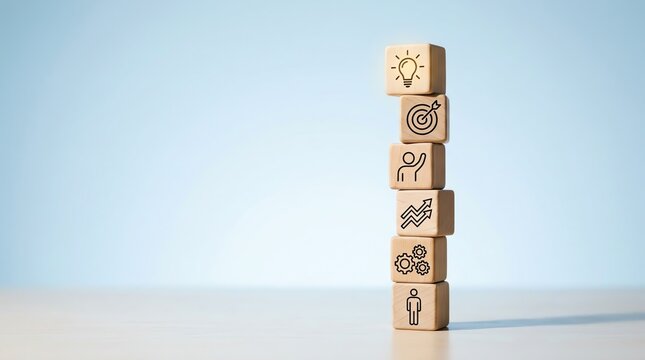 Stack of wooden blocks symbolizing business growth and goal achievement