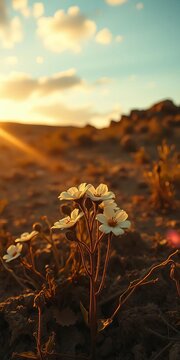 Ephemeral blooms unfurl under an aged sky, a whisper of life against time-worn earth,  time lapse,  subtle