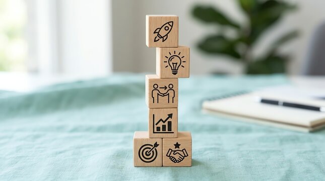 Wooden blocks with icons representing business growth and startup success