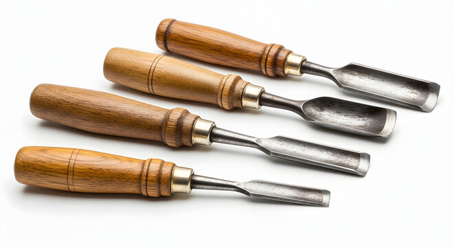 Four woodworking chisels with wooden handles and metal blades isolated on white background