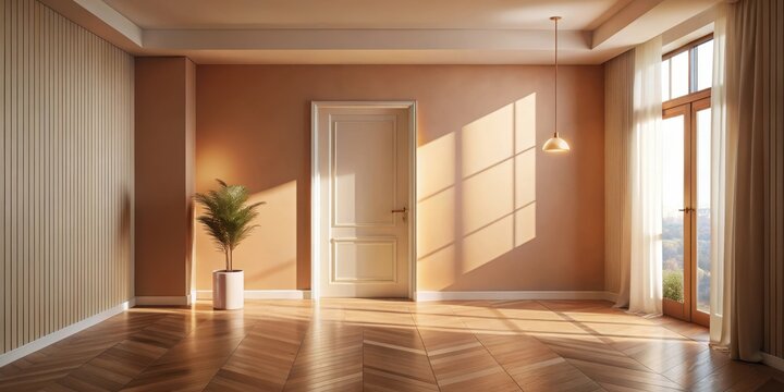 Sunlit Interior Design Elegant Room with Hardwood Floors, a Potted Plant, and a White Door