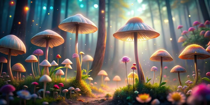Enchanted Forest Path Illuminated by Glowing Mushrooms and Flowers at Dusk