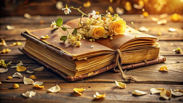 A Timeless Tome Adorned with Delicate Blossoms, Resting on a Rustic Wooden Surface