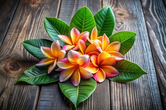 A vibrant cluster of tropical flowers arranged on dark wooden surface