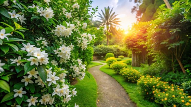 Serene Garden Path Flanked by Lush Greenery and Delicate White Blossoms, Bathed in Golden Sunlight