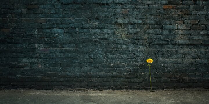 A single yellow flower blooms against a weathered, dark brick wall in urban setting