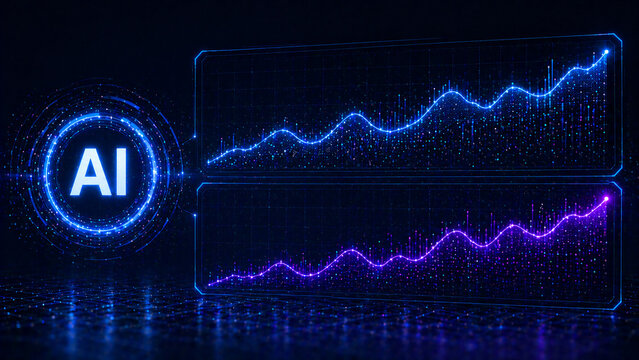 Futuristic AI central processor monitoring dual growth graphs and data trends.