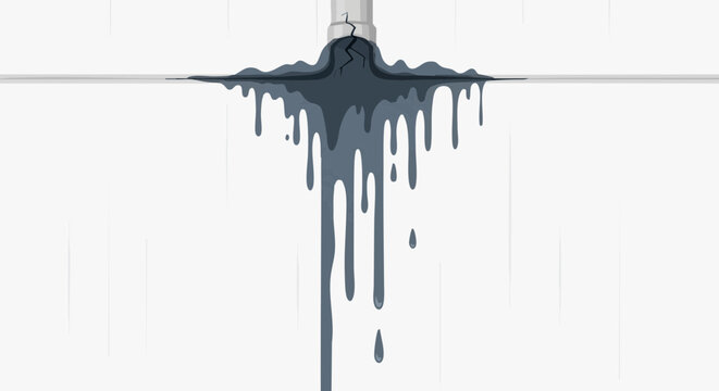 Vector illustration of cracked pipe leaking dark liquid on wet drywall