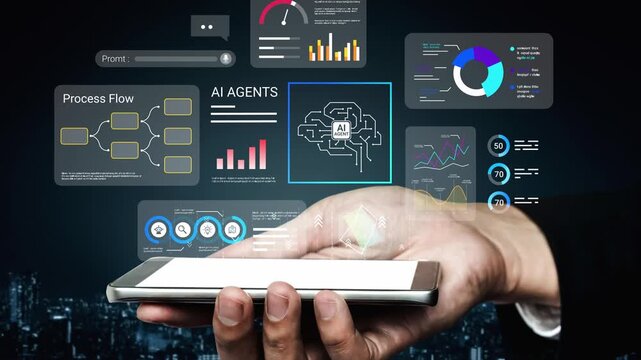 Hand holding smartphone displaying futuristic data analytics interface with charts, graphs, and AI visualization concept on dark city background Gluon.