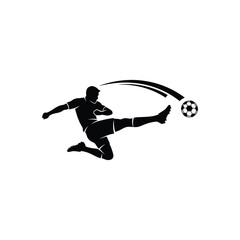 Fototapeta premium Soccer player kick ball silhouette logo design for sports competition isolated on white background with motion trail effect representing power speed agility action and professional athlete
