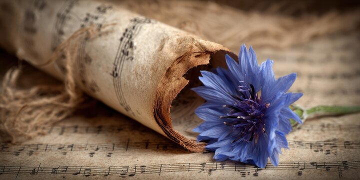 Close-up of rolled musical score, delicate blue flower rests on sheet music. Vintage feel, soft focus