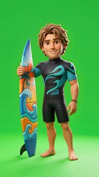 Cartoon surfer dude with surfboard on green screen background.