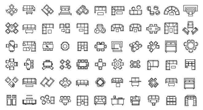 overhead view of black and white line drawings of various furniture arrangements for interior design