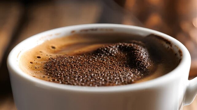 Closeup of rich dark Turkish coffee with foam in a white cup.