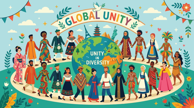 A diverse group of people holding hands around a globe representing international peace and harmony