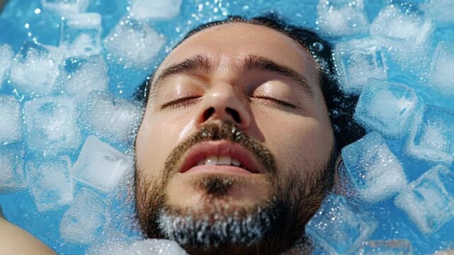 Close up shot of a calm man submerging his face in freezing water with ice cubes for cold therapy.