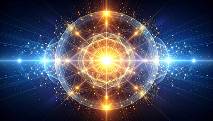 Obraz premium Sacred geometric energy sphere with golden light and cosmic technology concept