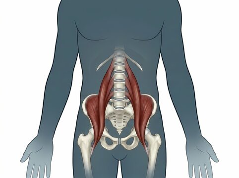 Anatomical illustration of human iliopsoas muscles, hip flexors, and lumbar spine on male silhouette background.
