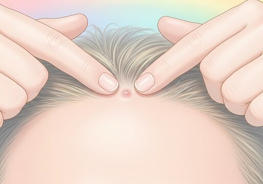 Close up illustration of hands pointing at red pimple on scalp, concept of skin inflammation, folliculitis and hair care issues.