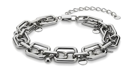 Fototapeta premium A silver isolated belt with a chain is displayed on a white background.